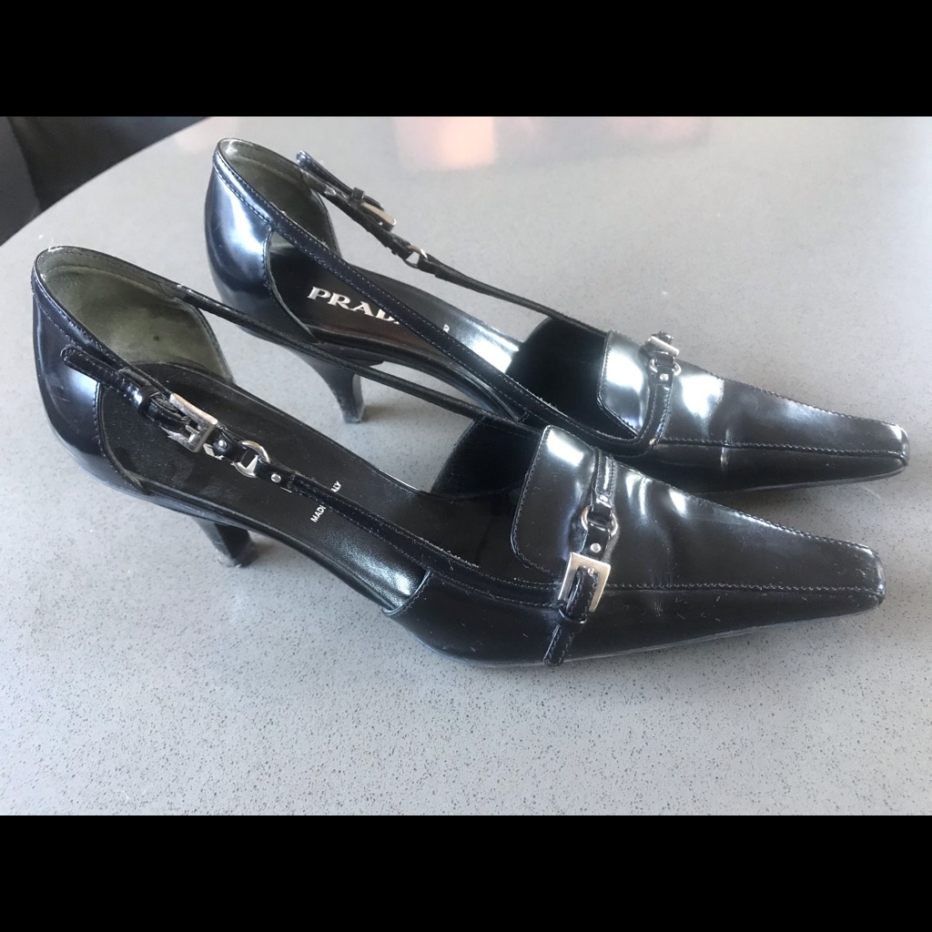 Black Leather Kitten Heel Prada Shoes